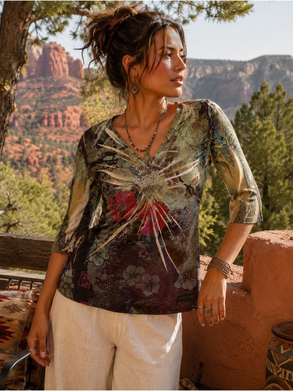 Chico’s Vintage Y2K Wearable Art Rhinestone Floral Boho Top | 2 | Boutique Artsy